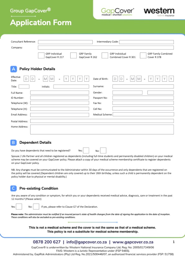 GapCover & Combined Retail Application Form