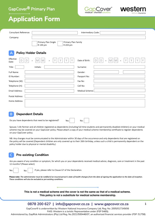 GapCover Primary Plan - Application Form_2025