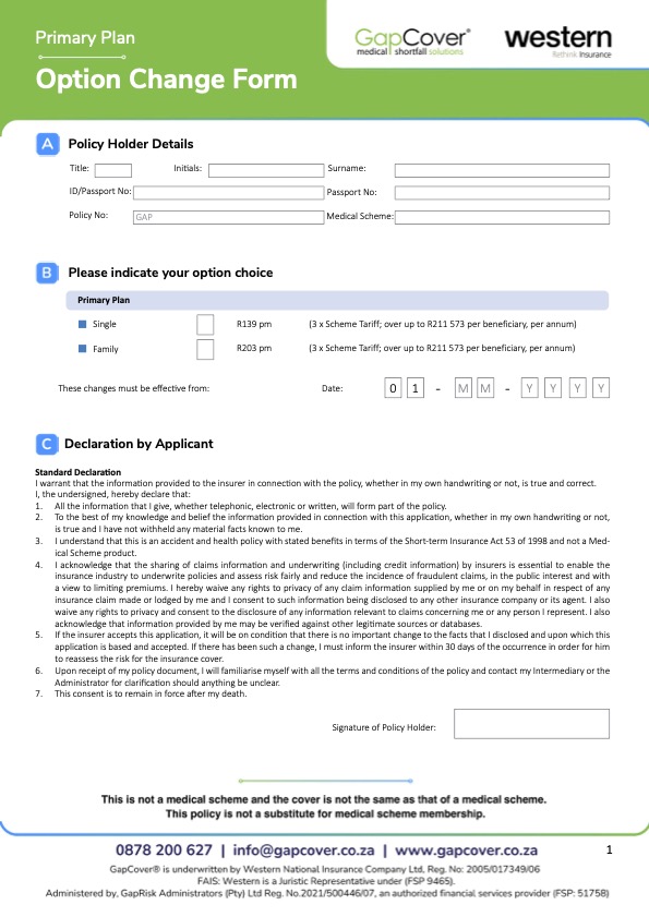 GapCover Primary Plan - Option Change Form_2025